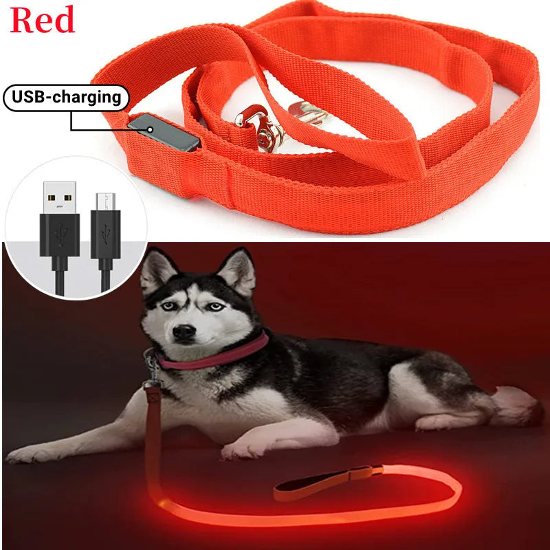 Glowing Led Dog Leash Usb Rechargeable Pet Dog Flashing Nylon Webbing Leashes- 3 Lighting Modes Keep Your Pets Safe In Darkness