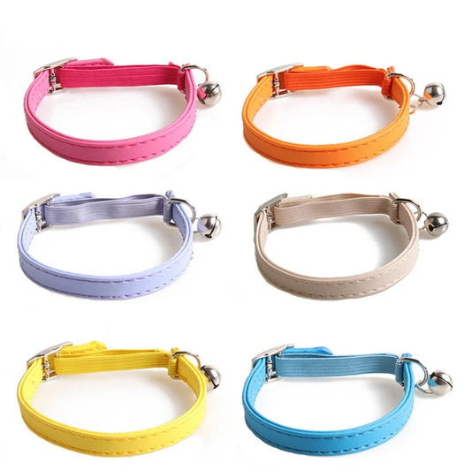 Macaron Color Cute Pet Cat Collar, Elastic Webbing Cat Collar Adjustable PU Color Small Collar with Bells for Puppies and Cats