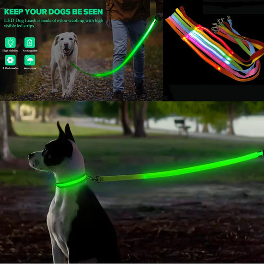 Glowing Led Dog Leash Usb Rechargeable Pet Dog Flashing Nylon Webbing Leashes- 3 Lighting Modes Keep Your Pets Safe In Darkness