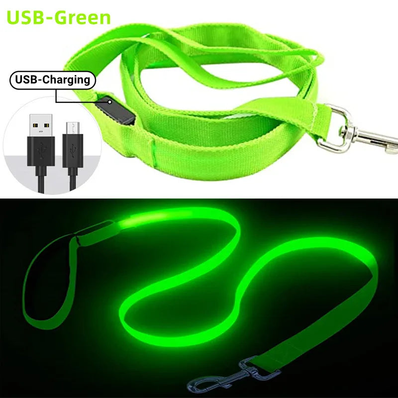 Glowing Led Dog Leash Usb Rechargeable Pet Dog Flashing Nylon Webbing Leashes- 3 Lighting Modes Keep Your Pets Safe In Darkness